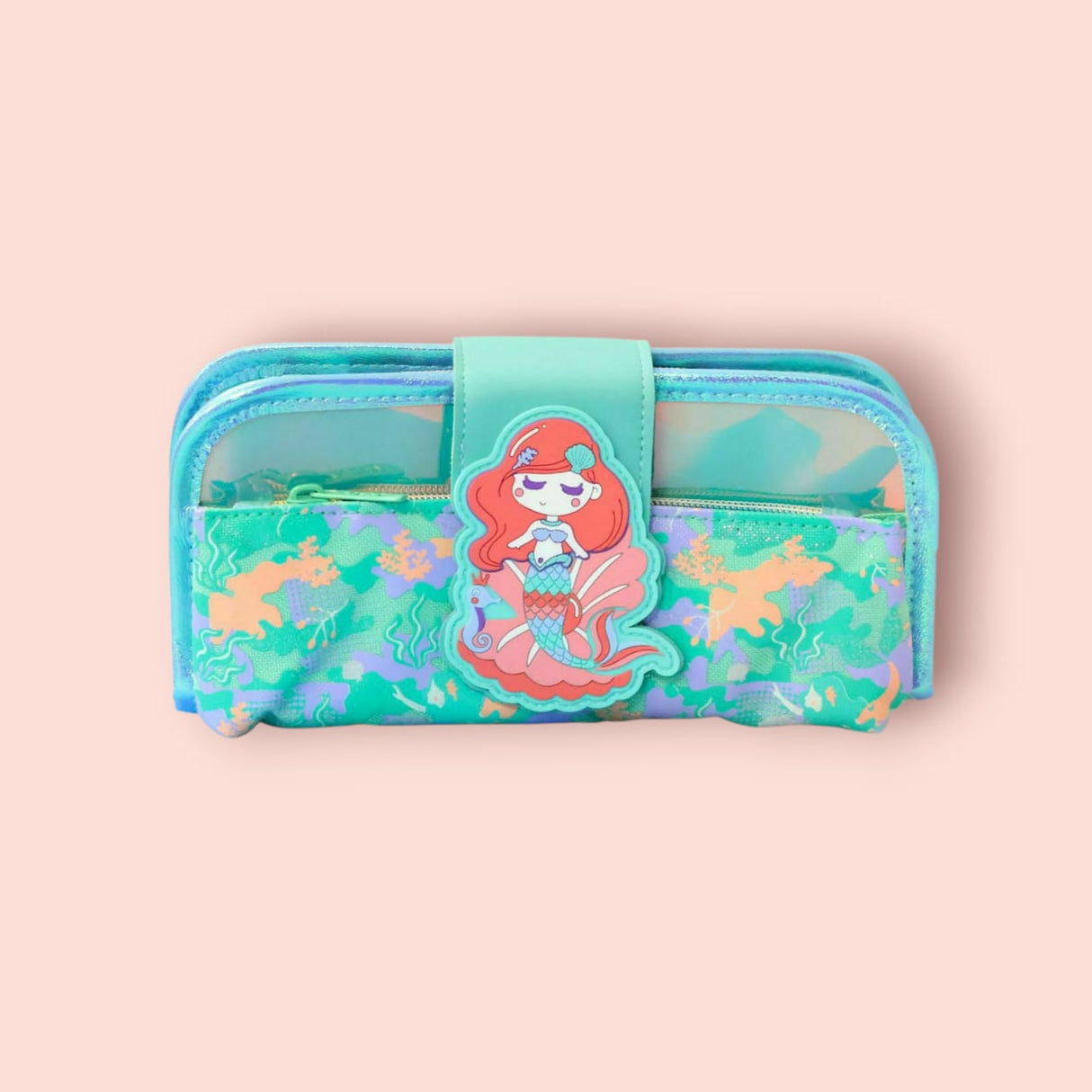 Mermaid-themed wallet with colorful design on a beige background