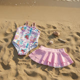 Mermaid print girls one-piece swimsuit with pink ruffle skirt