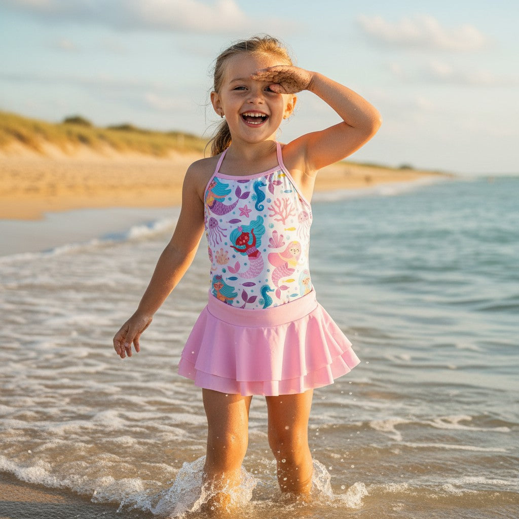 Girls mermaid print swimsuit with pink frilly skirt on the beach – Jack Gifts Online Lebanon