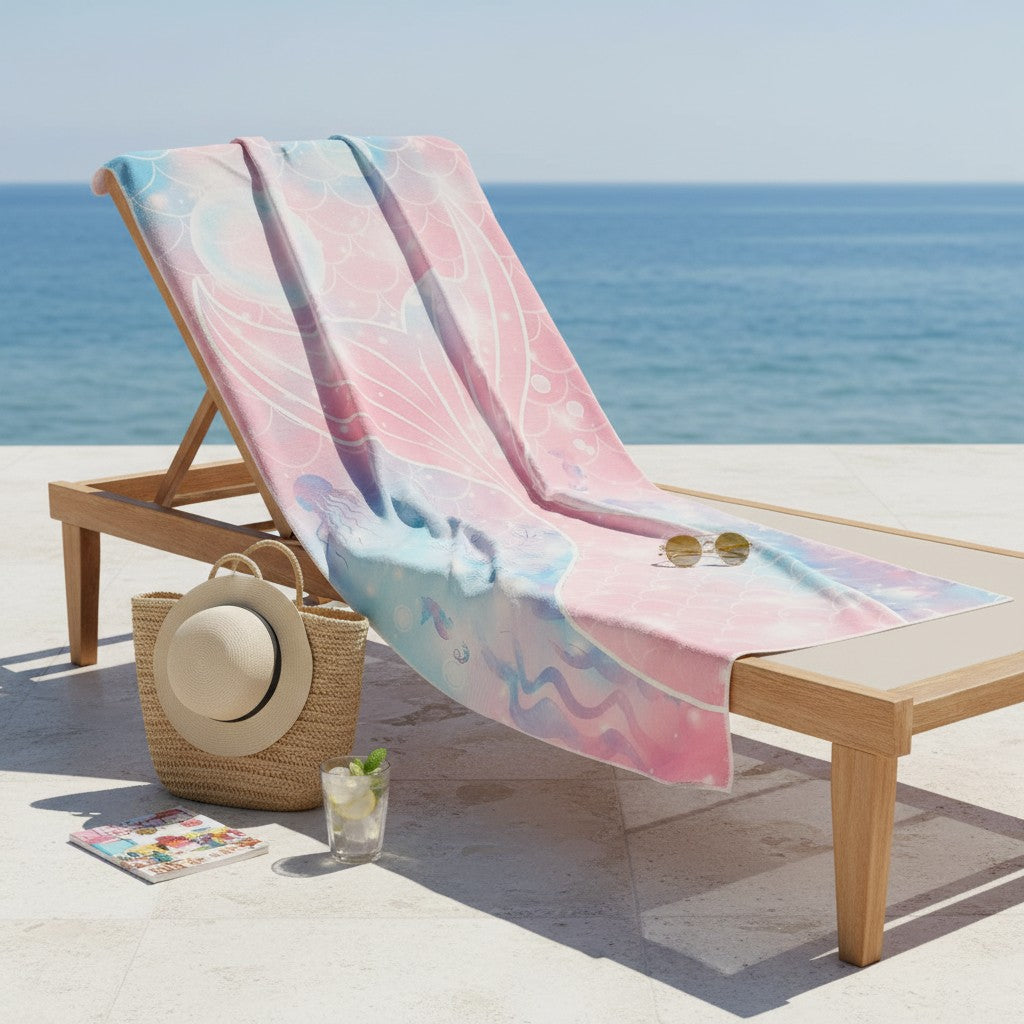 Pink and aqua mermaid tail towel draped over a wooden lounger by the sea