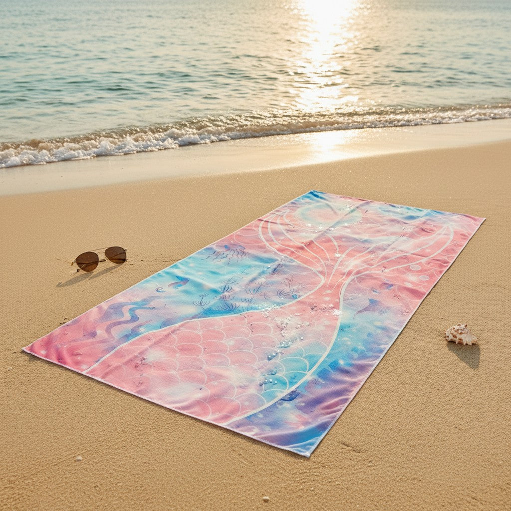 Colorful beach towel on a sandy beach with ocean waves in the background