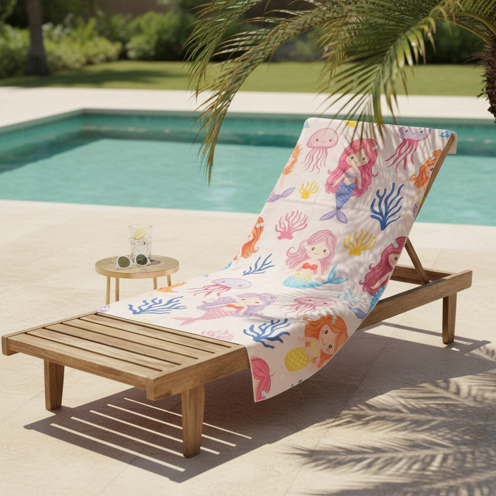 Mermaid and jellyfish print towel draped over a wooden lounger beside a pool
