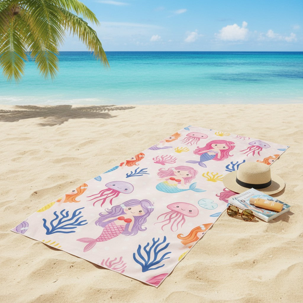 Beach towel with mermaid and jellyfish pattern on a sandy beach with ocean and palm tree in the background.