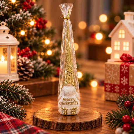 Gold glitter gnome ornament with a white beard and Merry Christmas lettering on a wood slice