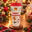 White tumbler with red Merry Christmas lettering, festive doodles and a red lid
