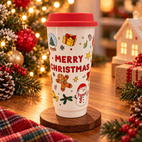 White tumbler with red Merry Christmas lettering, festive doodles and a red lid