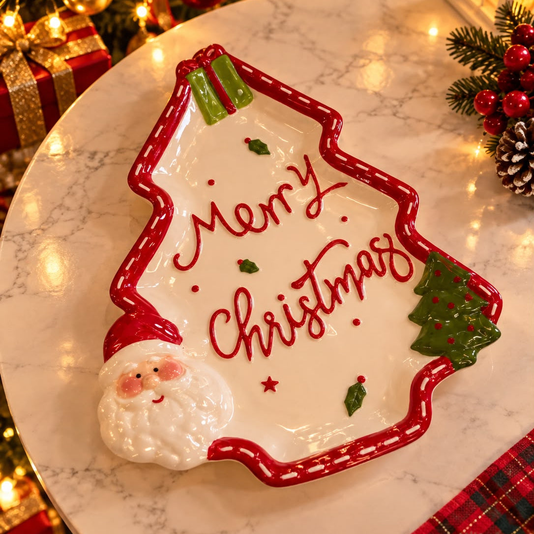 Tree shaped white ceramic plate with red rim, Merry Christmas script and a raised Santa face