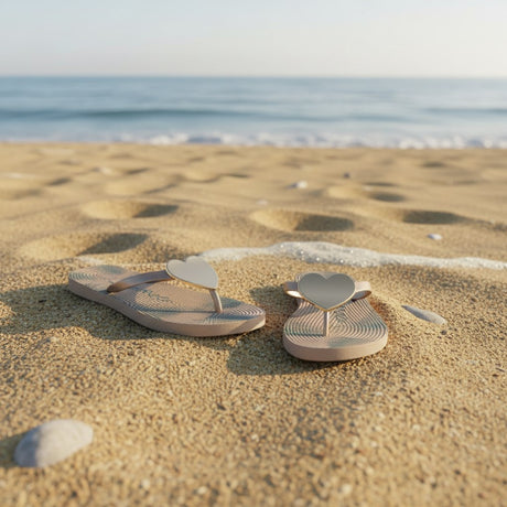 Nude flip flops at the waterline, silver heart on the toe post and a faint teal frond print