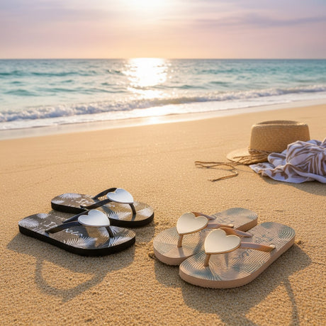 Black and nude beach flip flops side by side on sunset sand, silver hearts on each toe post
