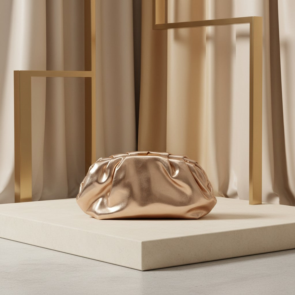 Gold metallic pleated pouch evening clutch