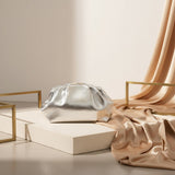 Silver metallic pleated pouch evening clutch