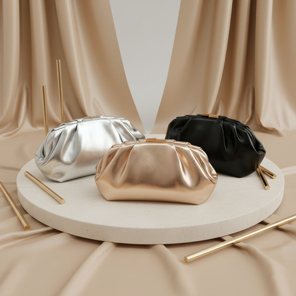 Metallic pleated pouch evening clutches in silver, rose gold and black – Jack Gifts Online Lebanon