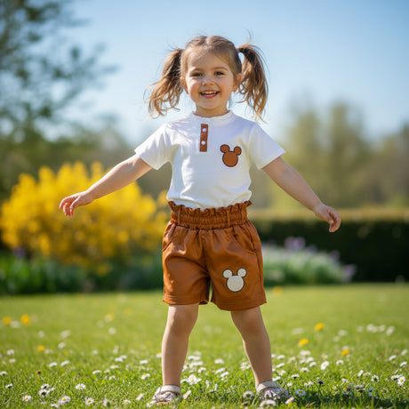Girls brown and white Mickey Mouse set, henley top and elasticated shorts worn on grass