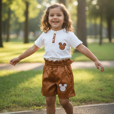 Girls white Mickey Mouse tee with brown paperbag waist shorts, two piece summer set