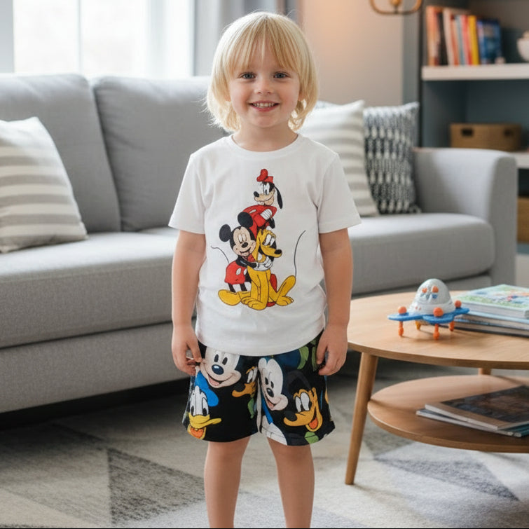 White boys set with a Mickey, Minnie, Goofy and Pluto tee and black all over character shorts