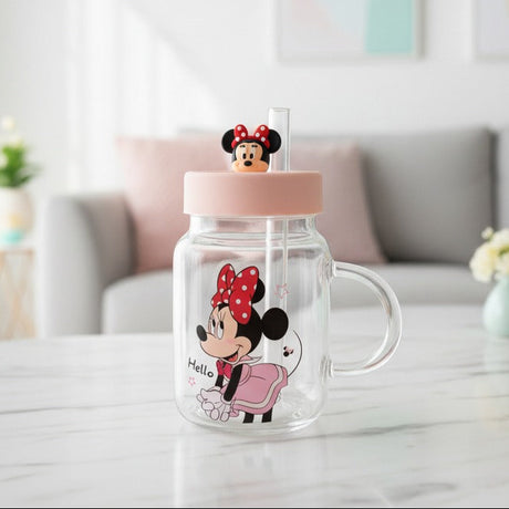 Clear glass jar mug with a pink lid, glass handle and a Minnie decal with a Hello script