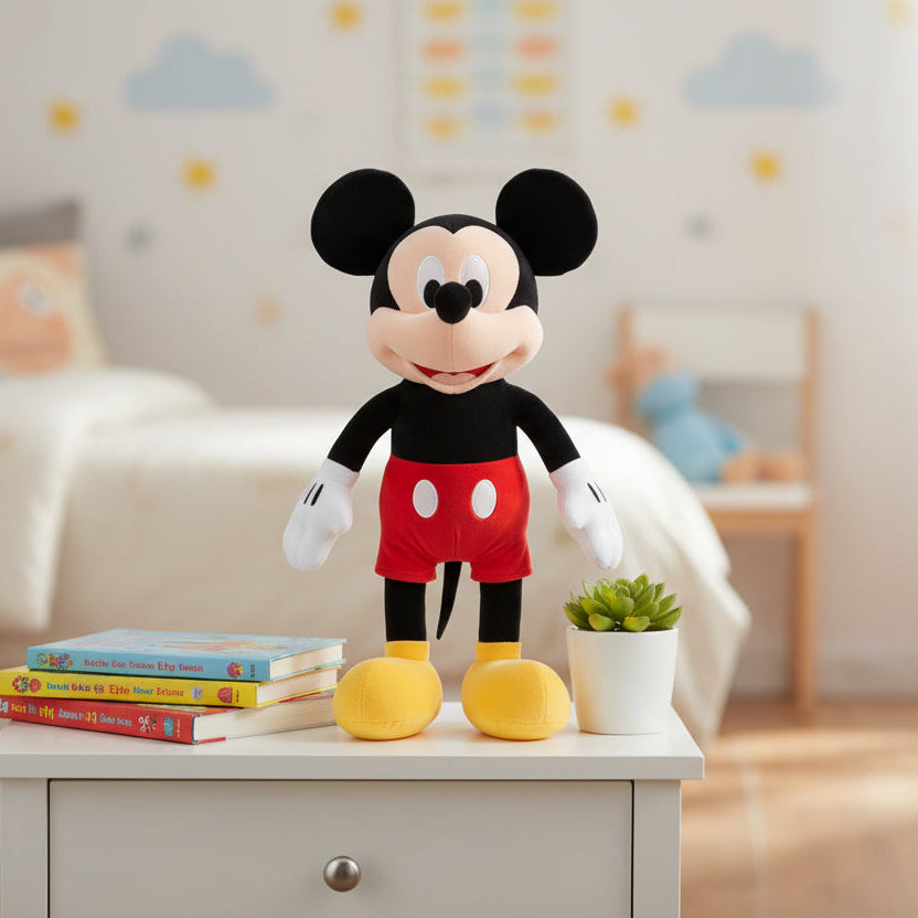 Standing mouse plush in red shorts, white gloves and yellow shoes on a nightstand