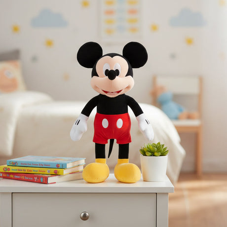 Standing mouse plush in red shorts, white gloves and yellow shoes on a nightstand