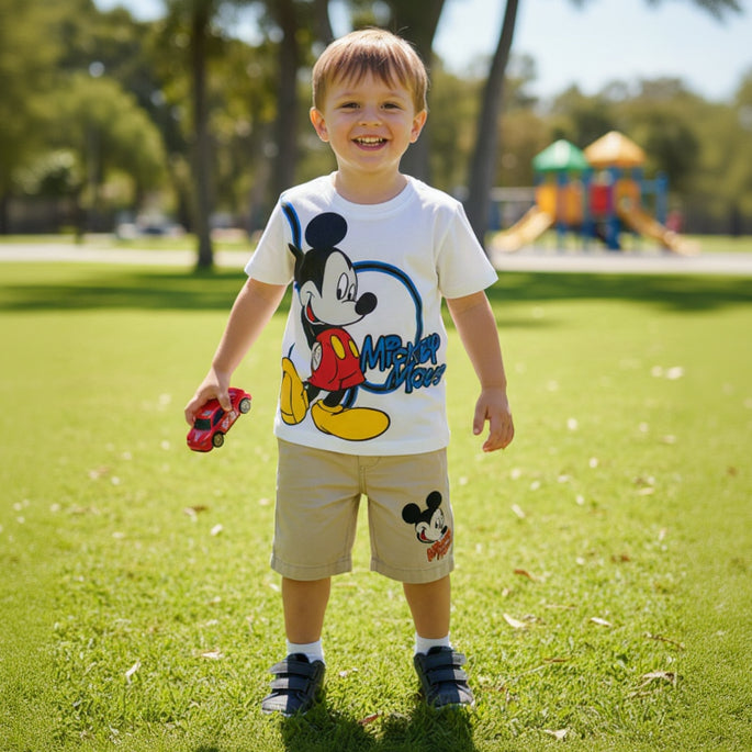 Boy holding a red toy car on grass in a white Mickey Mouse tee and beige shorts