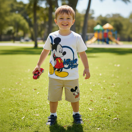 Boy holding a red toy car on grass in a white Mickey Mouse tee and beige shorts