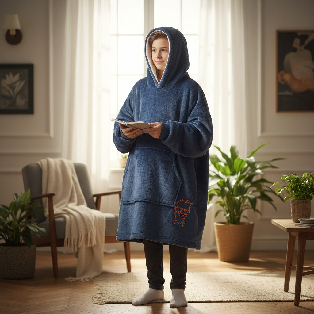 Child in a navy hooded blanket with a sherpa lined hood standing in a living room