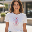 Woman in white tee with hand drawn strawberry milkshake print, Jack Gifts Online Lebanon