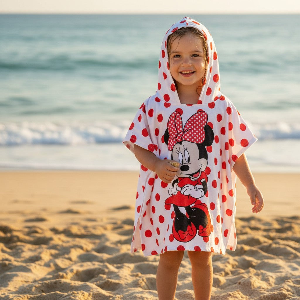 Minnie Mouse red and white polka-dot hooded poncho towel on the sand – Jack Gifts Online Lebanon