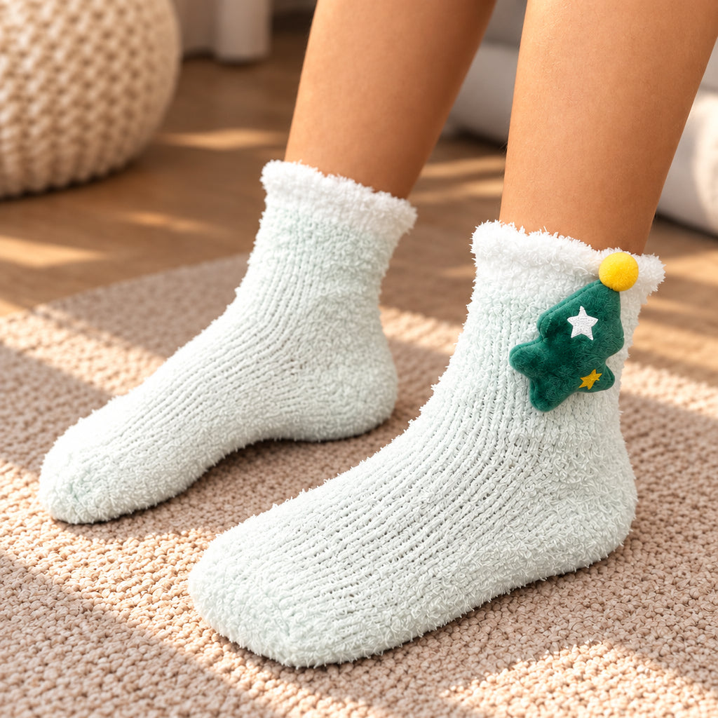 Mint fuzzy kids socks with a white cuff and a plush green Christmas tree on the ankle