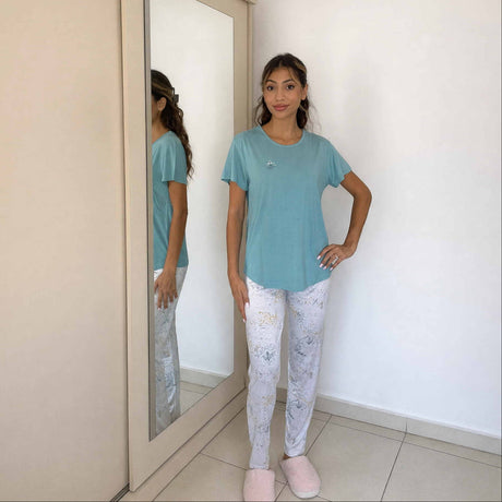 Women's aqua tee and white printed trousers sleepwear set, relaxed fit