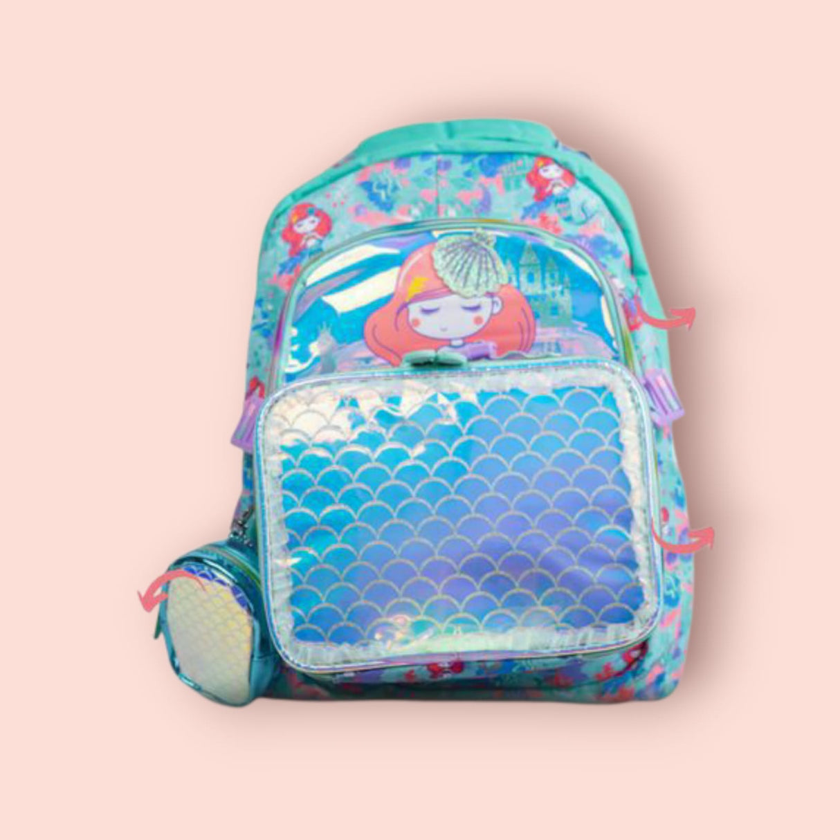 Iridescent scale front pocket and mermaid print on the mint backpack