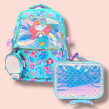 Aqua mermaid school backpack with holographic front panel, lunch bag and mini pouch