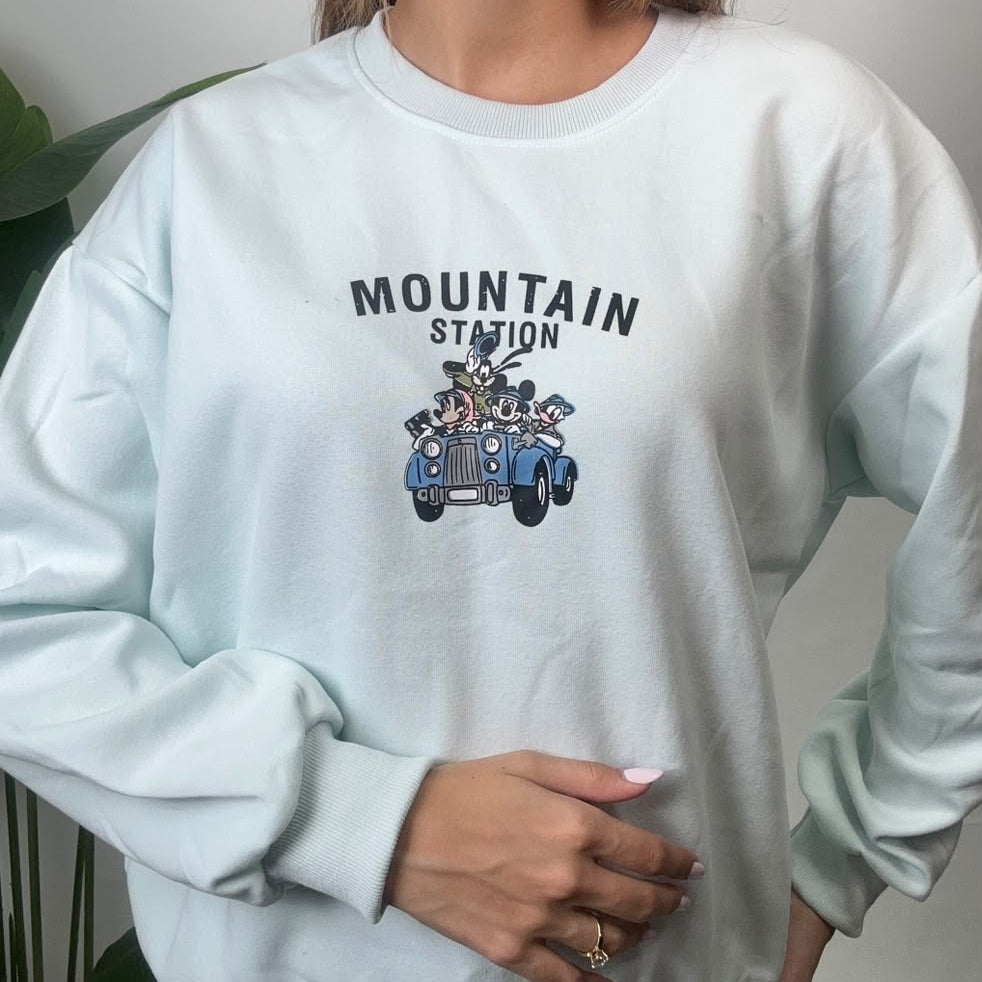 Close up of the Mountain Station lettering and blue vintage car graphic on a mint sweatshirt