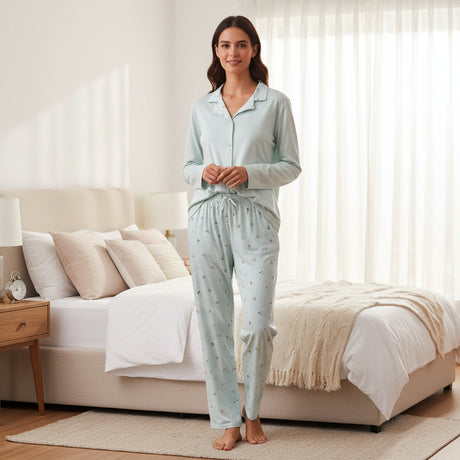 Women's mint floral pyjama set with soft fabric standing beside a bed - Jack Gifts Online Lebanon