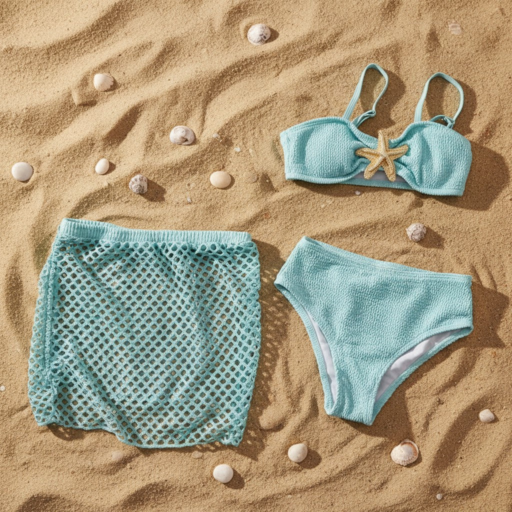 Mint starfish bikini top and bottom flat lay on sand