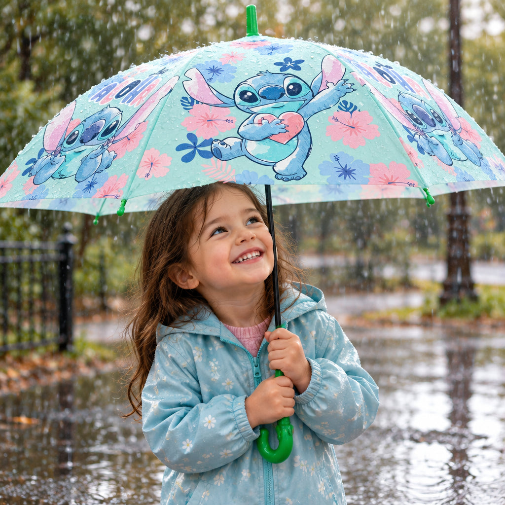 Little girl in a floral jacket under a mint umbrella with a stitch hugging a heart