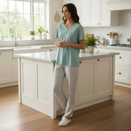 Women's mint short-sleeve top and full-length striped pants pyjama set - Jack Gifts Lebanon