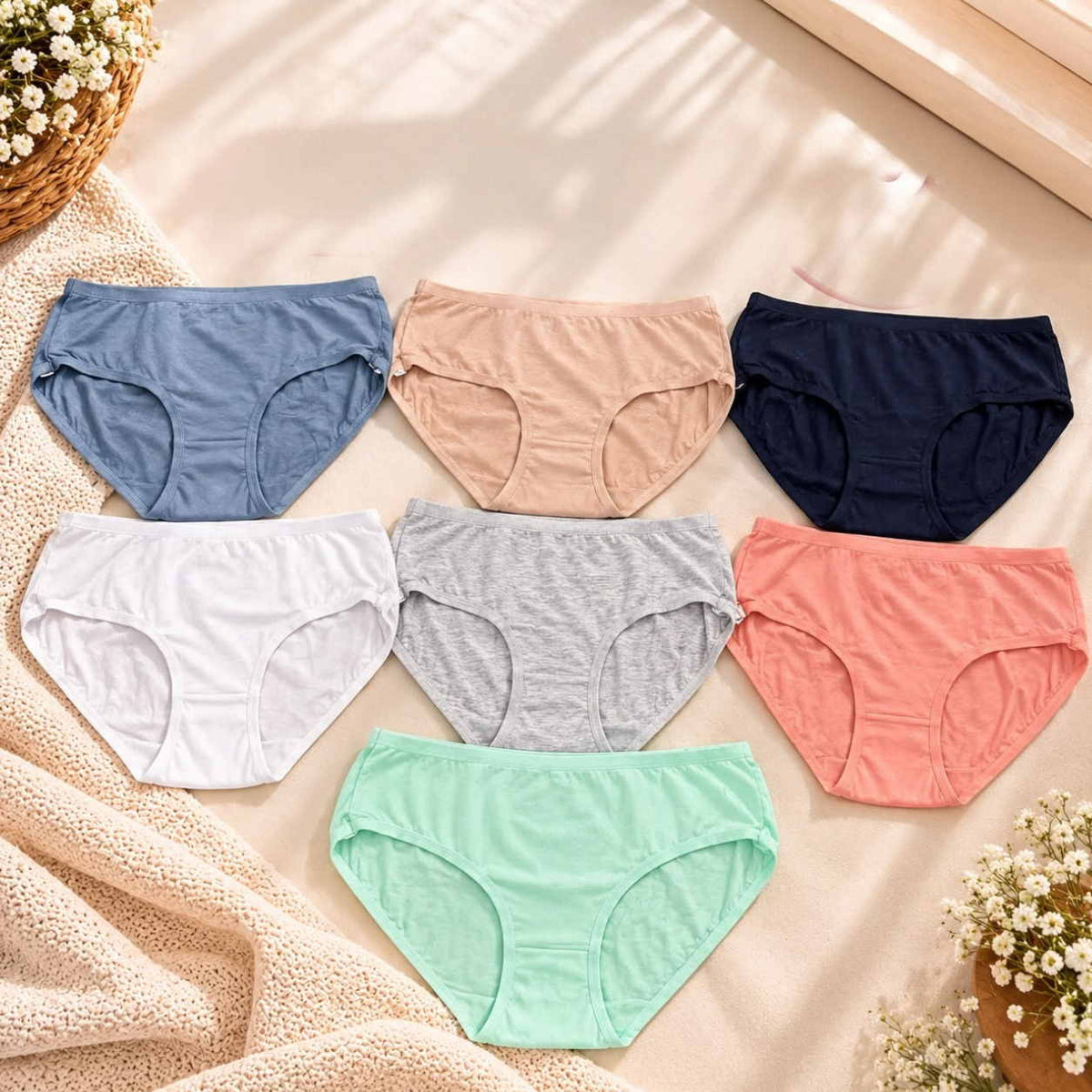 Seven plain briefs in blue, beige, navy, white, grey, coral and mint on a knit blanket