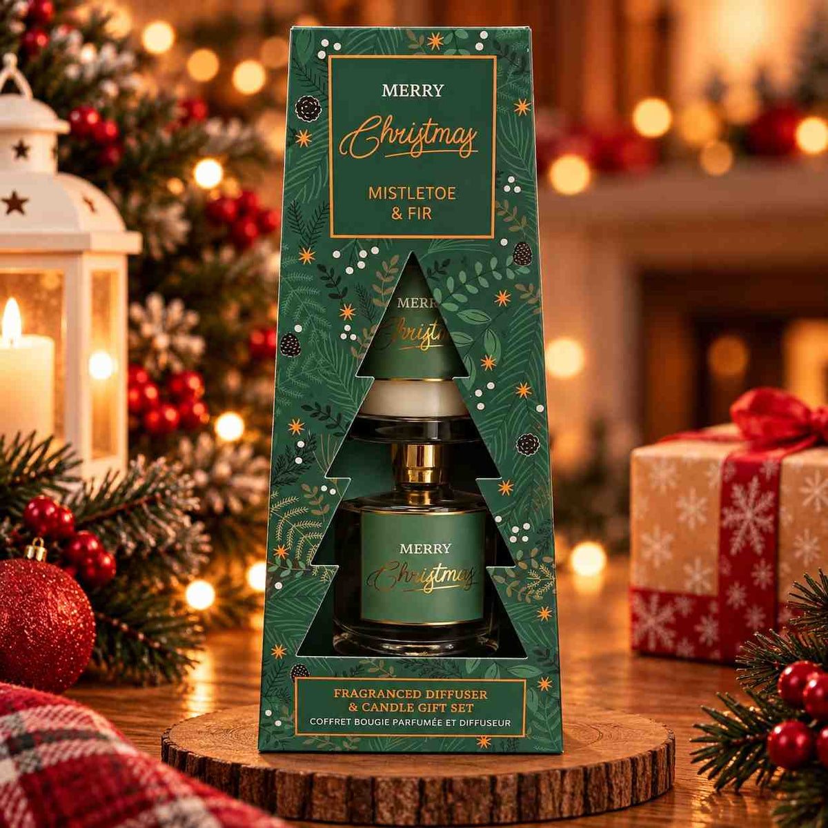 Mistletoe and Fir diffuser and candle set in a green and gold Christmas tree window box