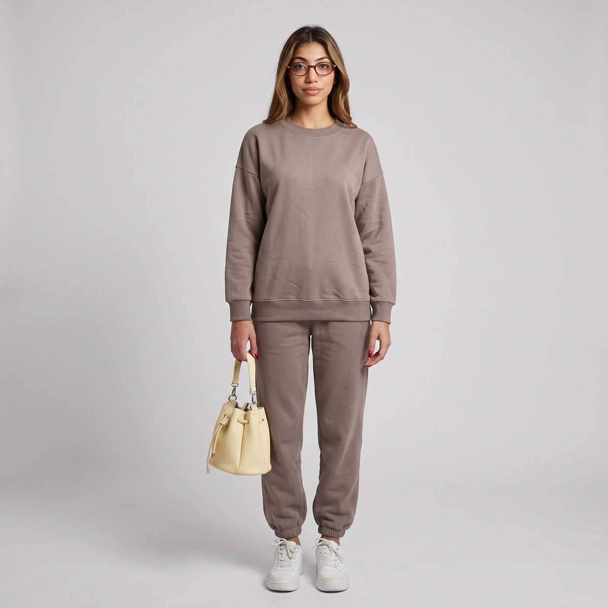 Full length mocha brown sweatshirt set with cuffed ankle joggers and ribbed hem