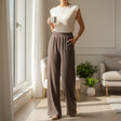 Women's mocha brown wide leg pants with elasticated waist, Jack Gifts Online Lebanon