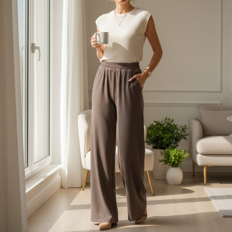 Women's mocha brown wide leg pants with elasticated waist, Jack Gifts Online Lebanon