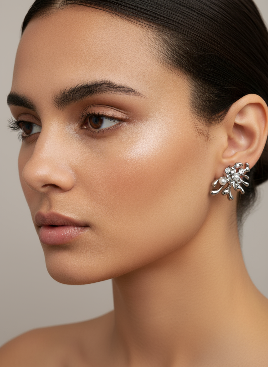 Close-up of a woman wearing a silver modern earring with a neutral background