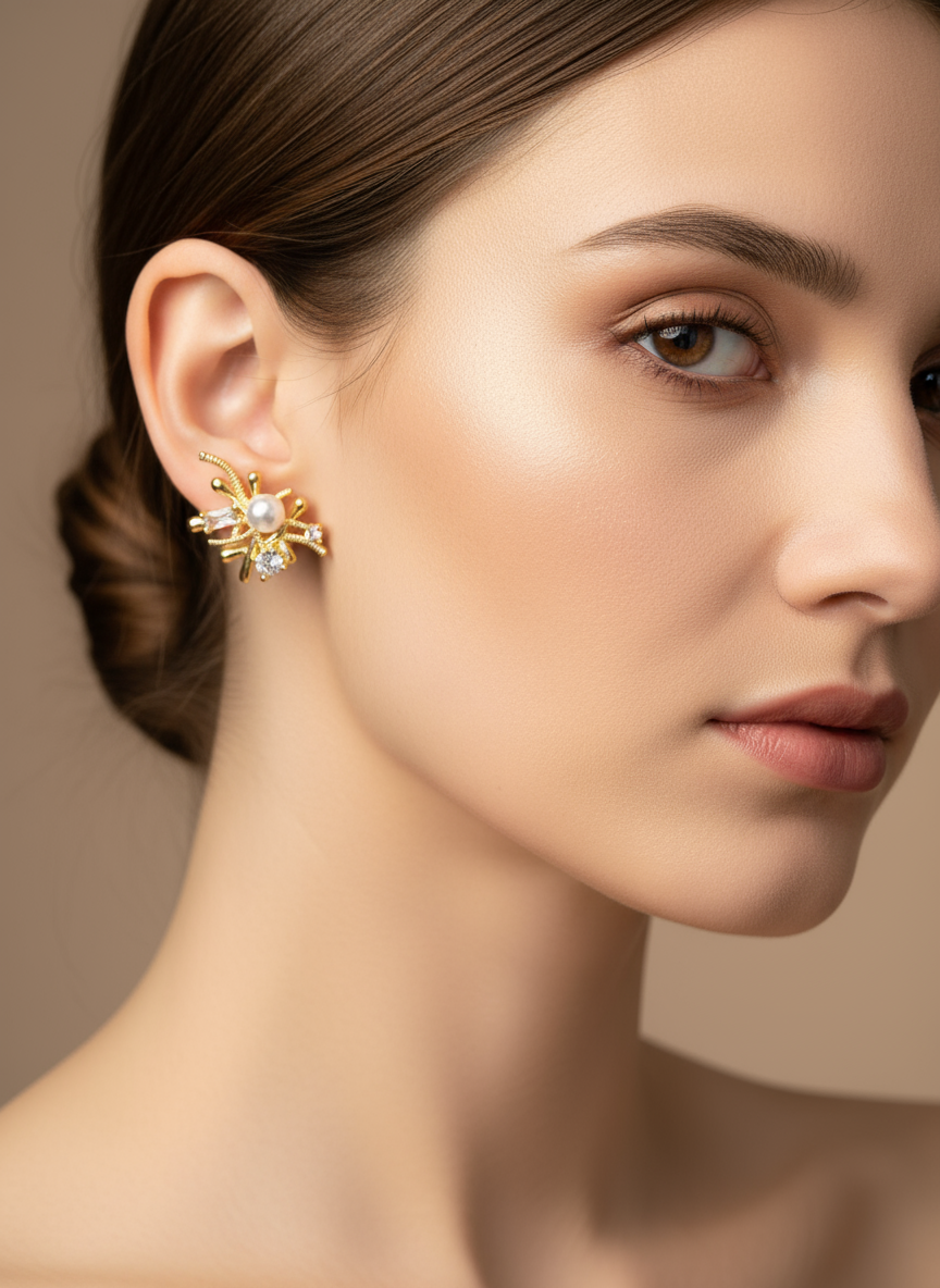 Close-up of a woman wearing gold modern earrings with a neutral background