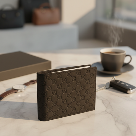 Brown leather wallet on a marble surface with a cup of coffee and keys in the background