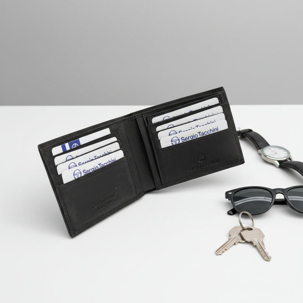 Black wallet with cards, keys, sunglasses, and watch on a white surface