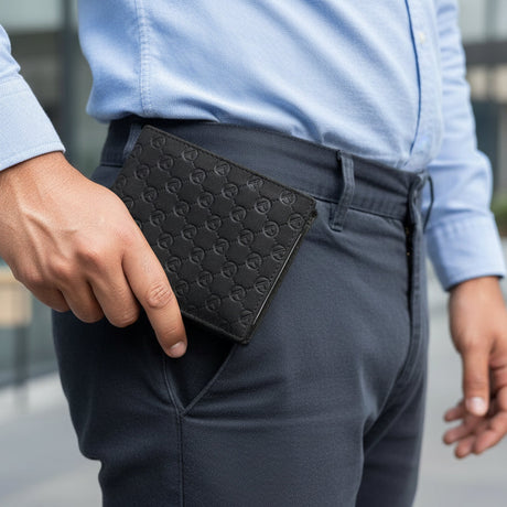 Person holding a black embossed wallet in front of a light blue shirt