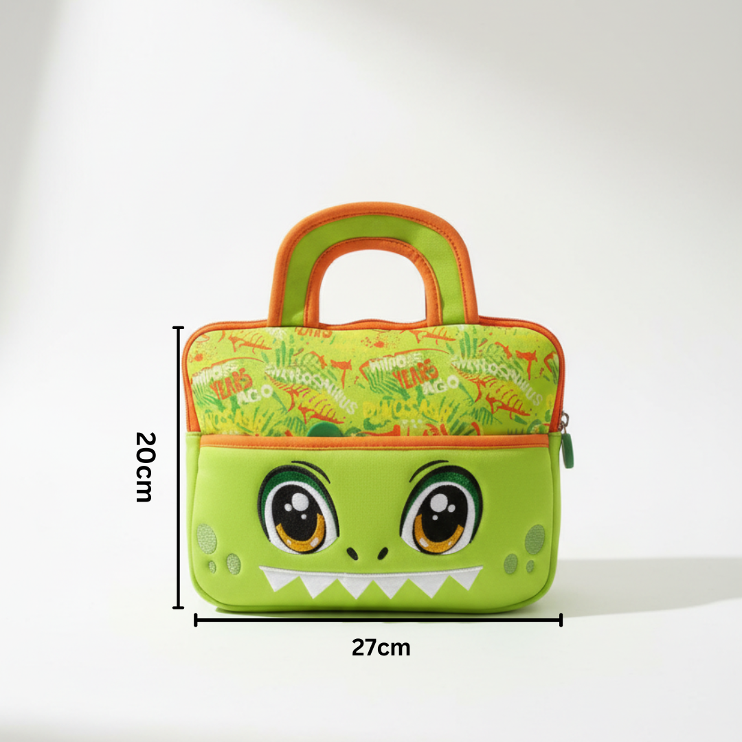 Green dino tablet bag with white teeth and orange trim, marked 27cm by 20cm