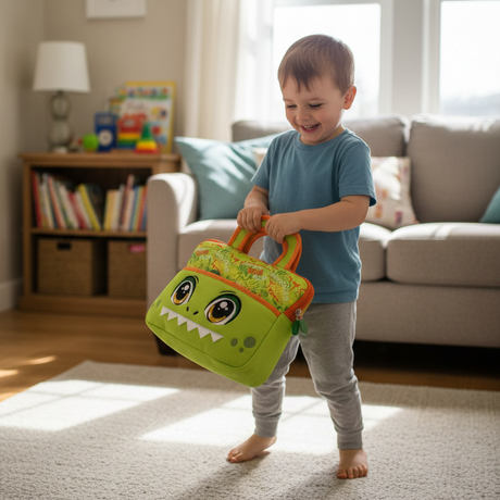 Toddler indoors swinging a green dinosaur face tablet bag with orange handles