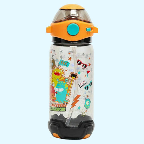 Children's water bottle with cartoon monster design on a light blue background