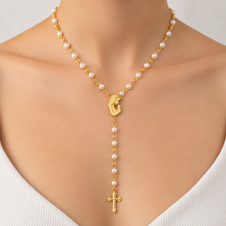 Pearl bead rosary necklace with a gold Mother Mary profile medal and cross